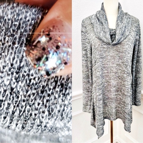 PHILOSOPHY Sparkly Silver Grey Cowl Neck Lightweight Tunic Sweater Flowy Top